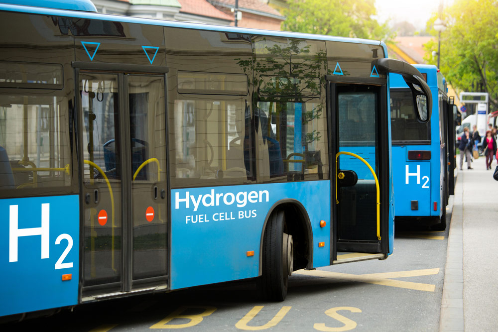 Two blue hydrogen fuel cell buses pulling up to a stop